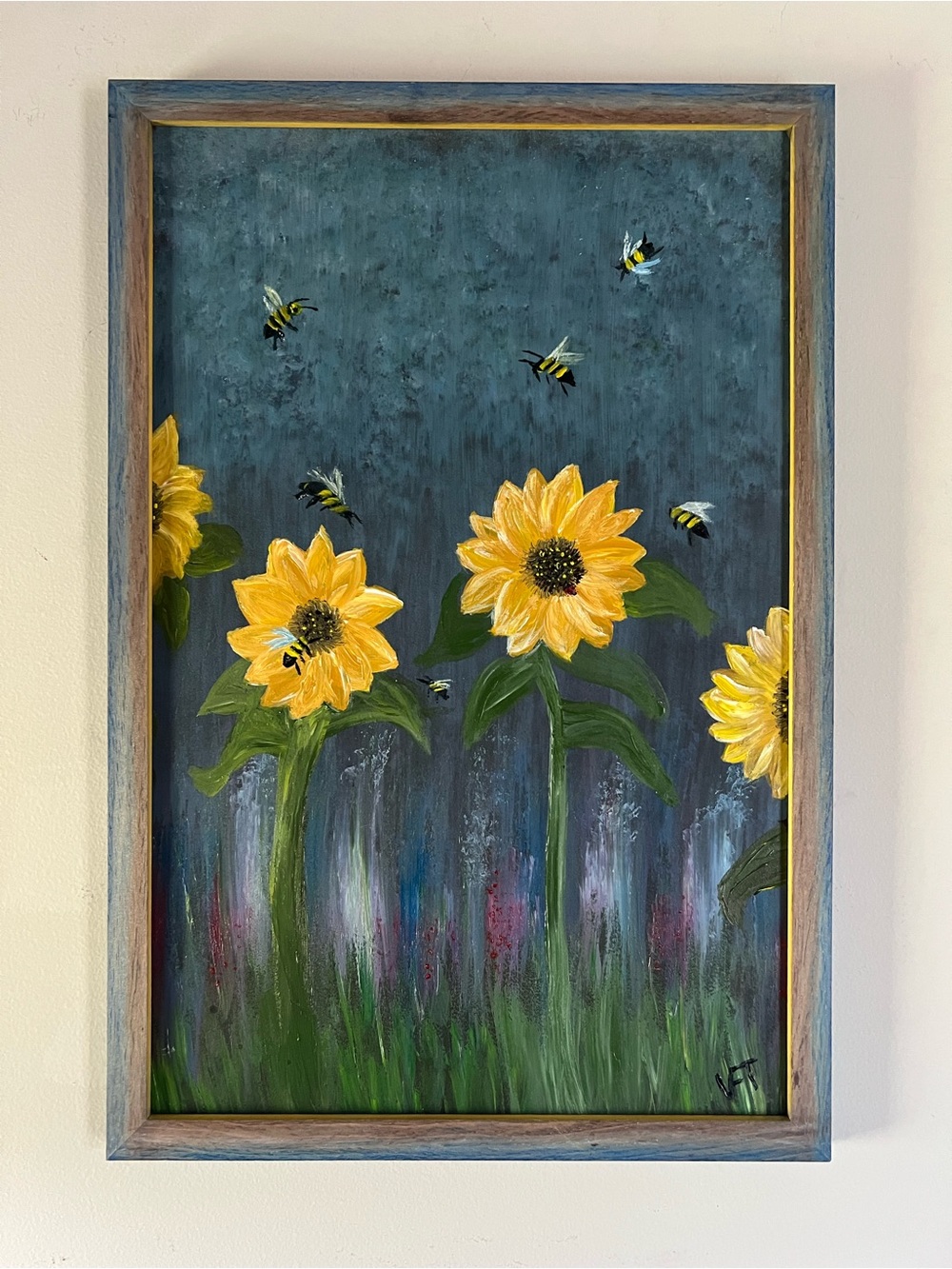 Sunflower & Bee Framed Wall Art in Yellow and Green “BEE PROUD”